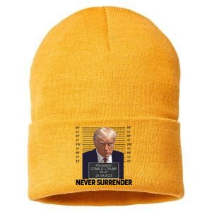 Trump Mug Shot Donald Trump Mug Shot Never Surrender Trending Design Sustainable Knit Beanie