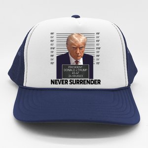 Trump Mug Shot Donald Trump Mug Shot Never Surrender Trending Design Trucker Hat