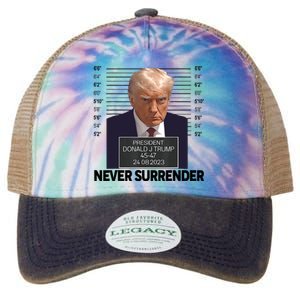 Trump Mug Shot Donald Trump Mug Shot Never Surrender Trending Design Legacy Tie Dye Trucker Hat