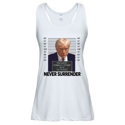 Trump Mug Shot Donald Trump Mug Shot Never Surrender Trending Design Ladies Essential Flowy Tank