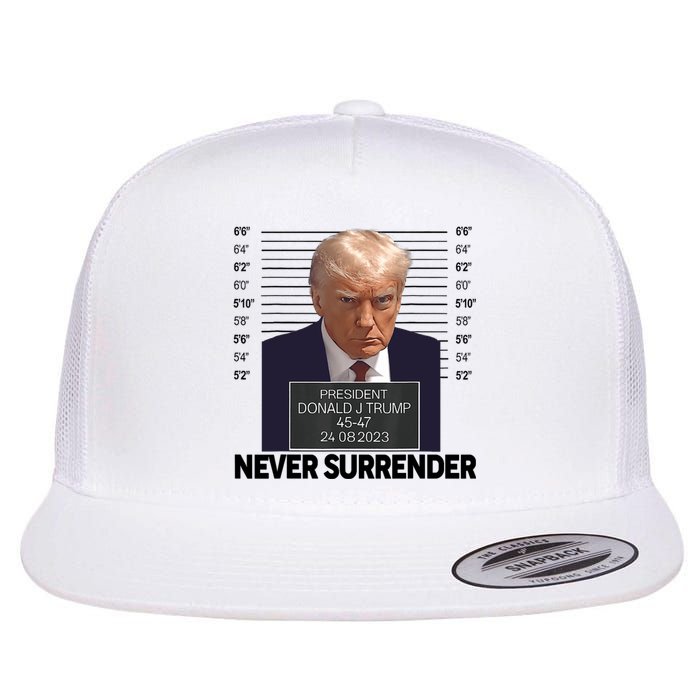 Trump Mug Shot Donald Trump Mug Shot Never Surrender Trending Design Flat Bill Trucker Hat