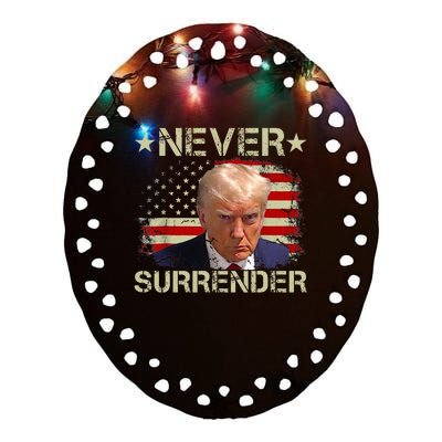 Trump Mug Shot Never Surrender Pro Trump American Flag Ceramic Oval Ornament