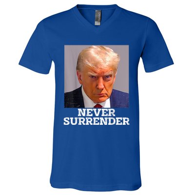 Trump Mug Shot Donald Trump Mug Shot Never Surrender V-Neck T-Shirt