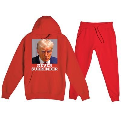 Trump Mug Shot Donald Trump Mug Shot Never Surrender Premium Hooded Sweatsuit Set