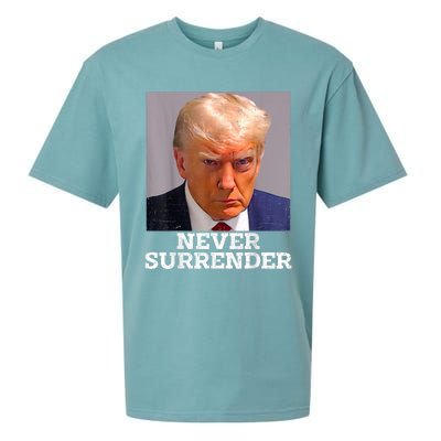 Trump Mug Shot Donald Trump Mug Shot Never Surrender Sueded Cloud Jersey T-Shirt