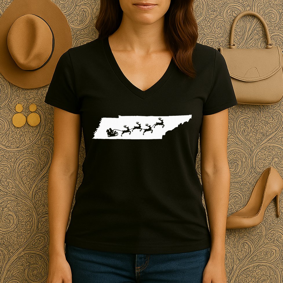 Tennessee Map Santa Christmas Reindeer Xmas Women's V-Neck T-Shirt