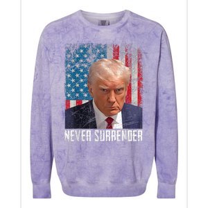 Trump Mug Shot Donald Trump Mug Shot Never Surrender Colorblast Crewneck Sweatshirt