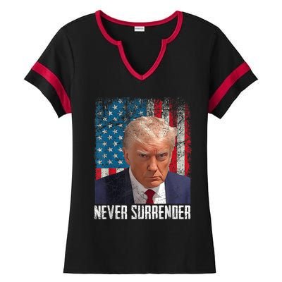 Trump Mug Shot Donald Trump Mug Shot Never Surrender Ladies Halftime Notch Neck Tee