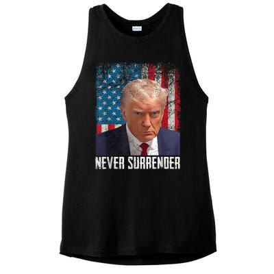 Trump Mug Shot Donald Trump Mug Shot Never Surrender Ladies PosiCharge Tri-Blend Wicking Tank