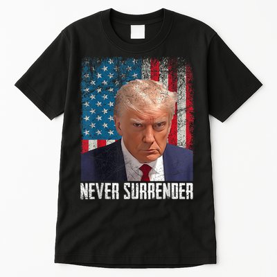 Trump Mug Shot Donald Trump Mug Shot Never Surrender Tall T-Shirt