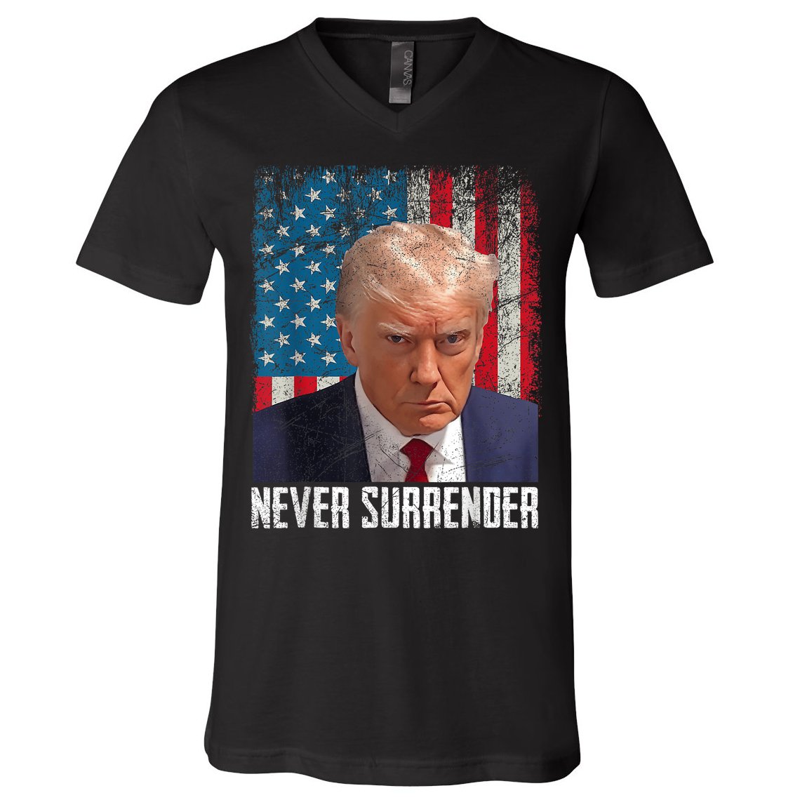 Trump Mug Shot Donald Trump Mug Shot Never Surrender V-Neck T-Shirt