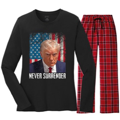 Trump Mug Shot Donald Trump Mug Shot Never Surrender Women's Long Sleeve Flannel Pajama Set 