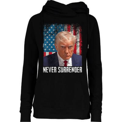 Trump Mug Shot Donald Trump Mug Shot Never Surrender Womens Funnel Neck Pullover Hood