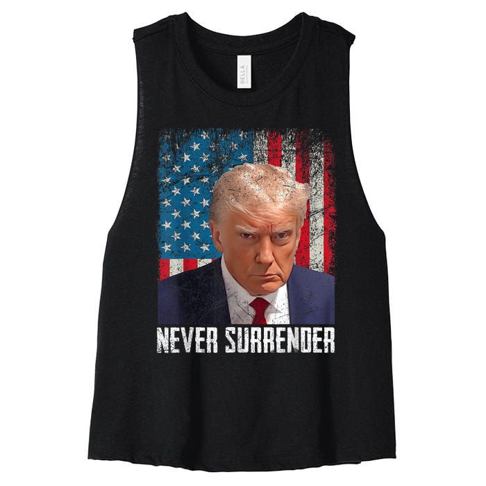 Trump Mug Shot Donald Trump Mug Shot Never Surrender Women's Racerback Cropped Tank