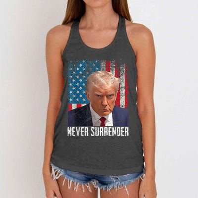 Trump Mug Shot Donald Trump Mug Shot Never Surrender Women's Knotted Racerback Tank