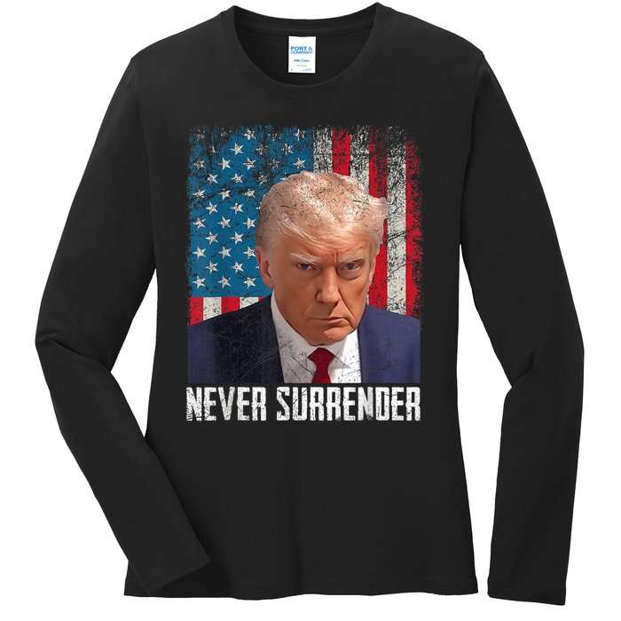 Trump Mug Shot Donald Trump Mug Shot Never Surrender Ladies Long Sleeve Shirt