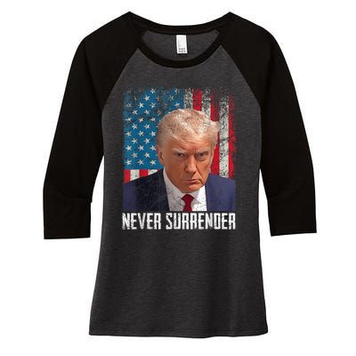 Trump Mug Shot Donald Trump Mug Shot Never Surrender Women's Tri-Blend 3/4-Sleeve Raglan Shirt