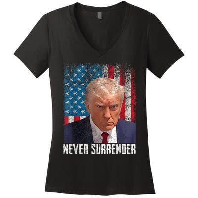 Trump Mug Shot Donald Trump Mug Shot Never Surrender Women's V-Neck T-Shirt