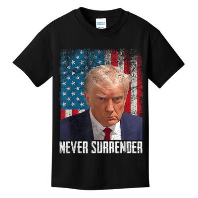 Trump Mug Shot Donald Trump Mug Shot Never Surrender Kids T-Shirt
