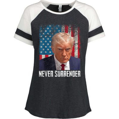 Trump Mug Shot Donald Trump Mug Shot Never Surrender Enza Ladies Jersey Colorblock Tee