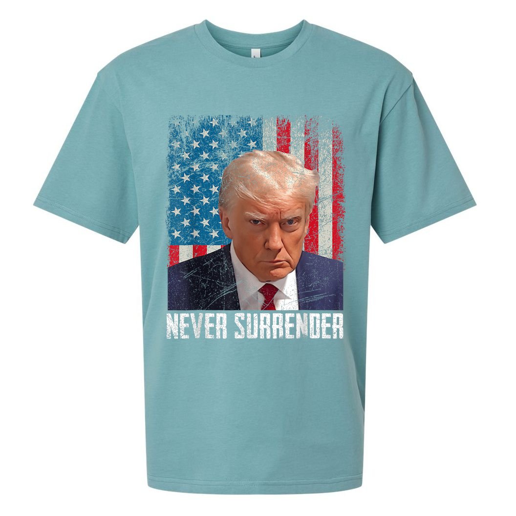 Trump Mug Shot Donald Trump Mug Shot Never Surrender Sueded Cloud Jersey T-Shirt