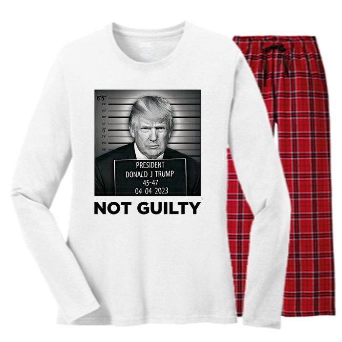 Trump Mug Shot Donald Trump Not Guilty Pro Trump Supporter Women's Long Sleeve Flannel Pajama Set 