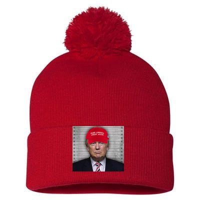 Trump Mugshot MAGA Pom Pom 12in Knit Beanie