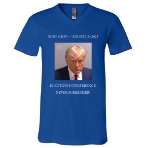 Trump Mug Shot 2024 Election Interference Never Surrender Gift V-Neck T-Shirt