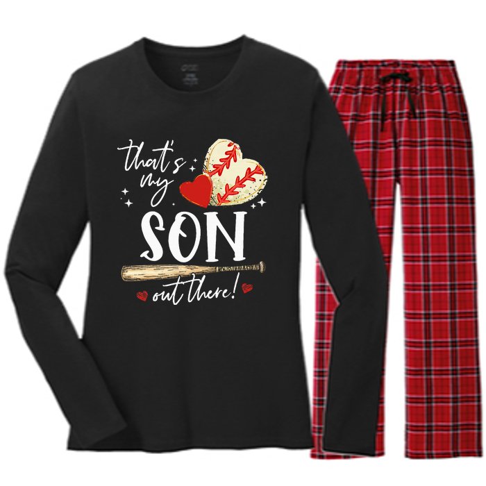 ThatS My Son Out There Baseball Mama Mom Mothers Day Women's Long Sleeve Flannel Pajama Set 