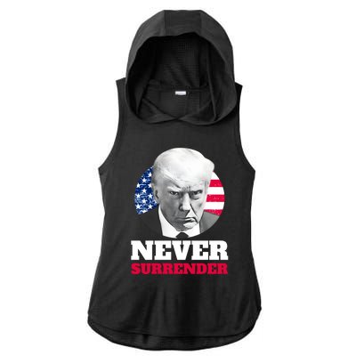 Trump Mug Shot Never Surrender Ladies PosiCharge Tri-Blend Wicking Draft Hoodie Tank