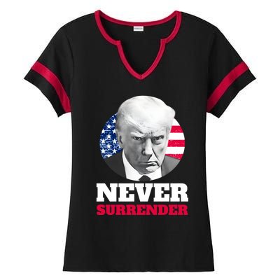 Trump Mug Shot Never Surrender Ladies Halftime Notch Neck Tee