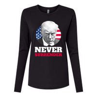 Trump Mug Shot Never Surrender Womens Cotton Relaxed Long Sleeve T-Shirt