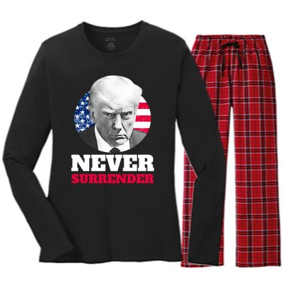 Trump Mug Shot Never Surrender Women's Long Sleeve Flannel Pajama Set 