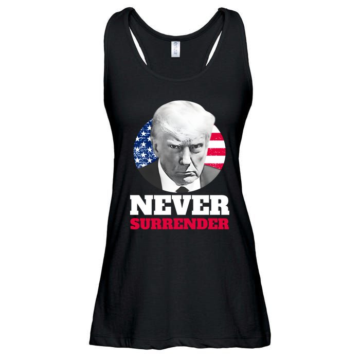 Trump Mug Shot Never Surrender Ladies Essential Flowy Tank