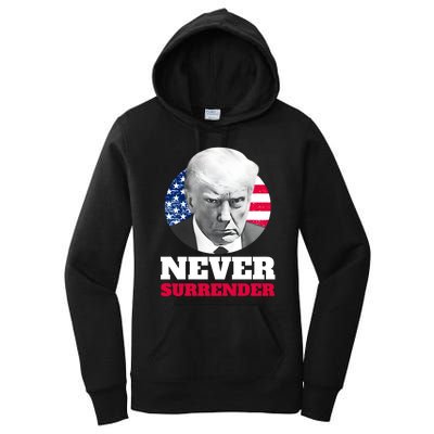 Trump Mug Shot Never Surrender Women's Pullover Hoodie