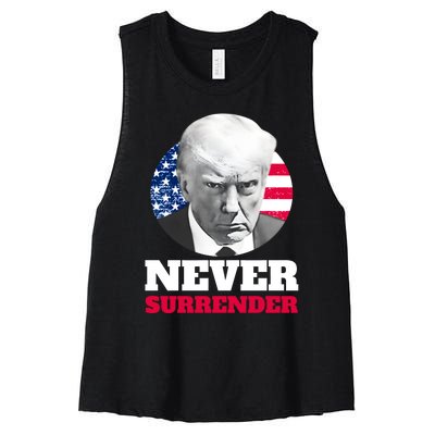 Trump Mug Shot Never Surrender Women's Racerback Cropped Tank