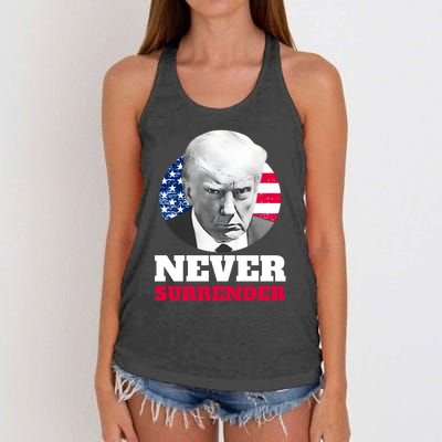 Trump Mug Shot Never Surrender Women's Knotted Racerback Tank