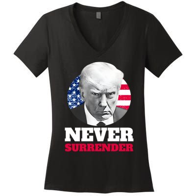 Trump Mug Shot Never Surrender Women's V-Neck T-Shirt