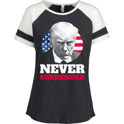 Trump Mug Shot Never Surrender Enza Ladies Jersey Colorblock Tee