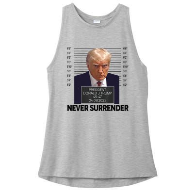 Trump Mug Shot Donald Trump Mug Shot Never Surrender Ladies PosiCharge Tri-Blend Wicking Tank