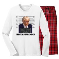 Trump Mug Shot Donald Trump Mug Shot Never Surrender Women's Long Sleeve Flannel Pajama Set 