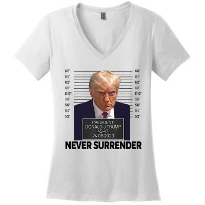 Trump Mug Shot Donald Trump Mug Shot Never Surrender Women's V-Neck T-Shirt