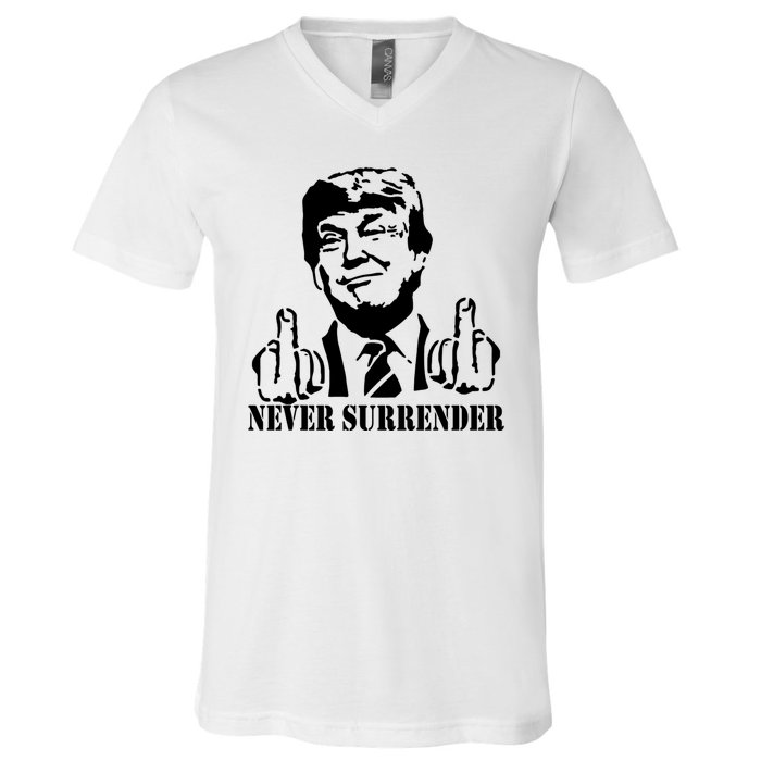 Trump Mug Shot Trump MugShot Never Surrender V-Neck T-Shirt