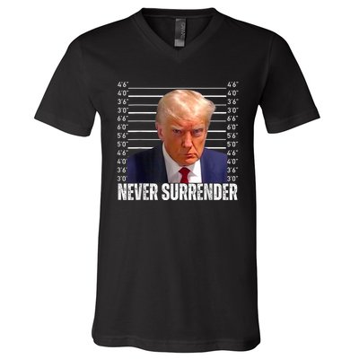 Trump Mug Shot Trump MugShot Never Surrender V-Neck T-Shirt