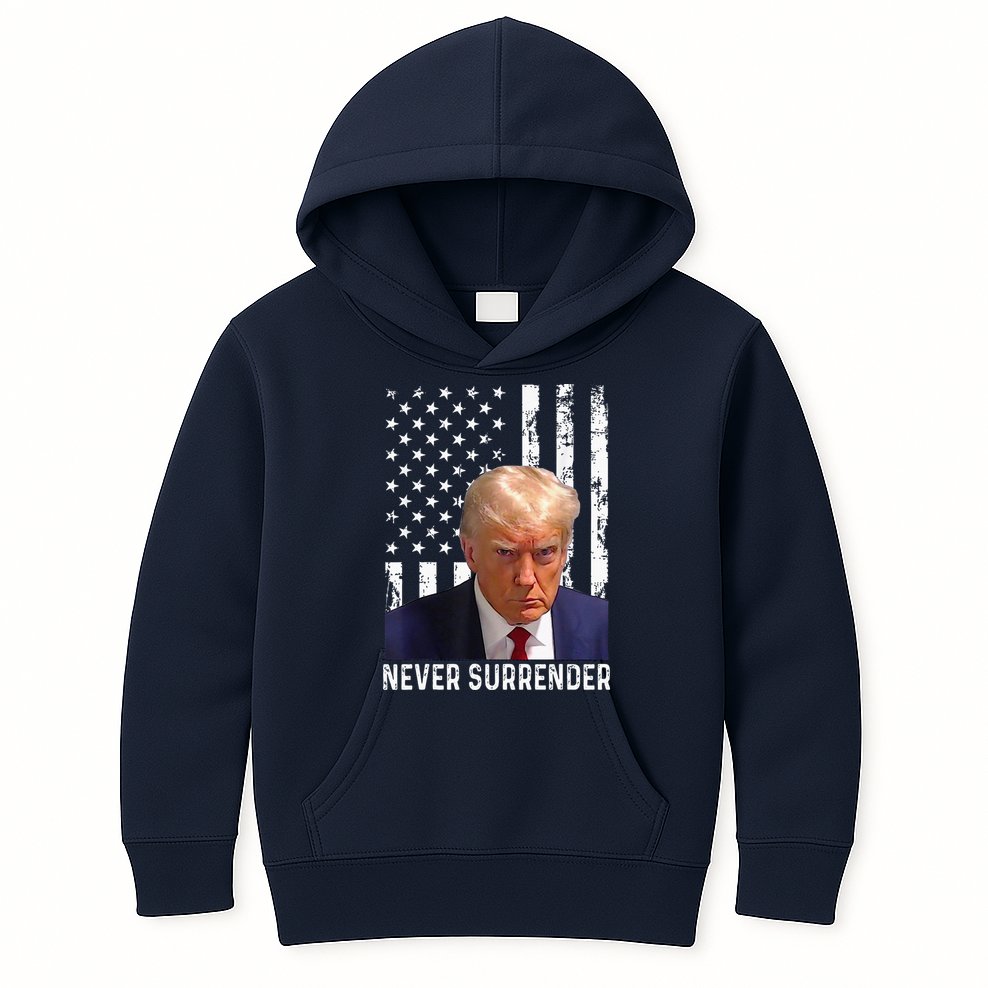 Trump Mug Shot Donald Trump Mug Shot Never Surrender Kids Hoodie