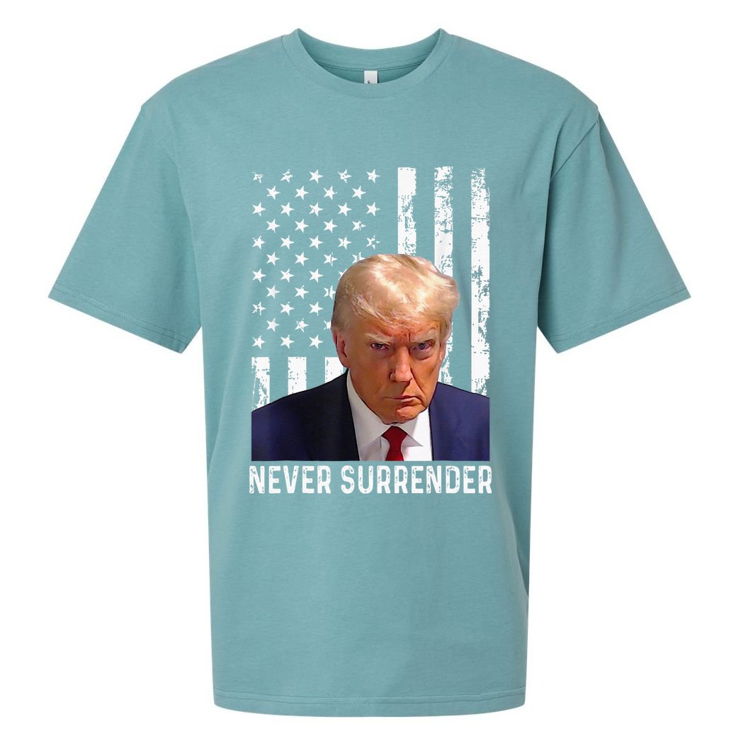 Trump Mug Shot Donald Trump Mug Shot Never Surrender Sueded Cloud Jersey T-Shirt