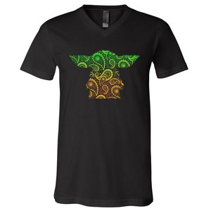 Teardrop Mandala Silhouette Alien Forest Dark Background V-Neck T-Shirt