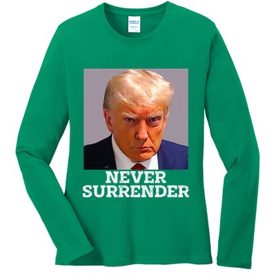 Trump Mug Shot Donald Trump Mug Shot Never Surrender Ladies Long Sleeve Shirt