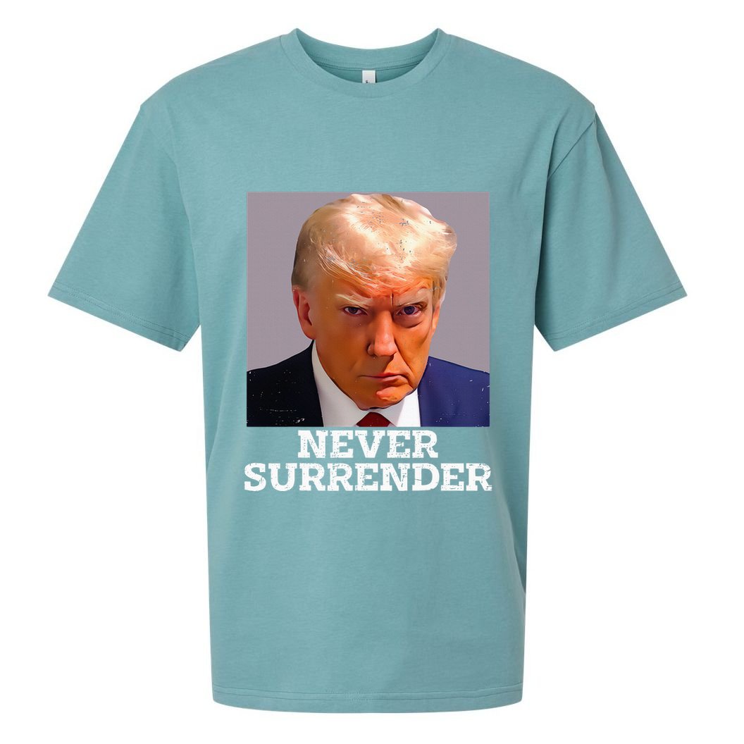 Trump Mug Shot Donald Trump Mug Shot Never Surrender Sueded Cloud Jersey T-Shirt
