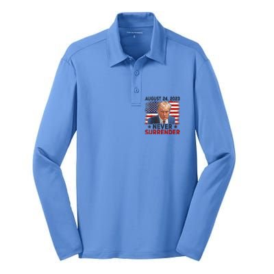 Trump Mug Shot Donald Trump Mug Shot Never Surrender America Flag Silk Touch Performance Long Sleeve Polo